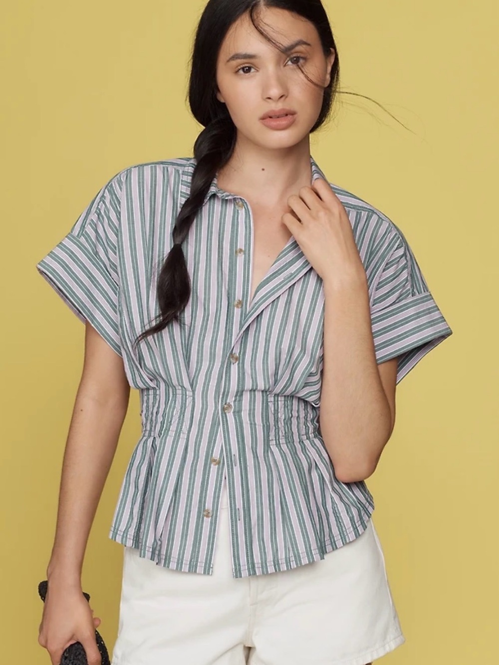 Pilcro Striped Button-Front Short Sleeve Blouse in Green, Purple, White
